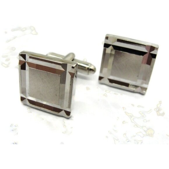 Silver Tone Diamond Cut Square Design Edge Cufflinks Smooth & Rough - Picture 2 of 8